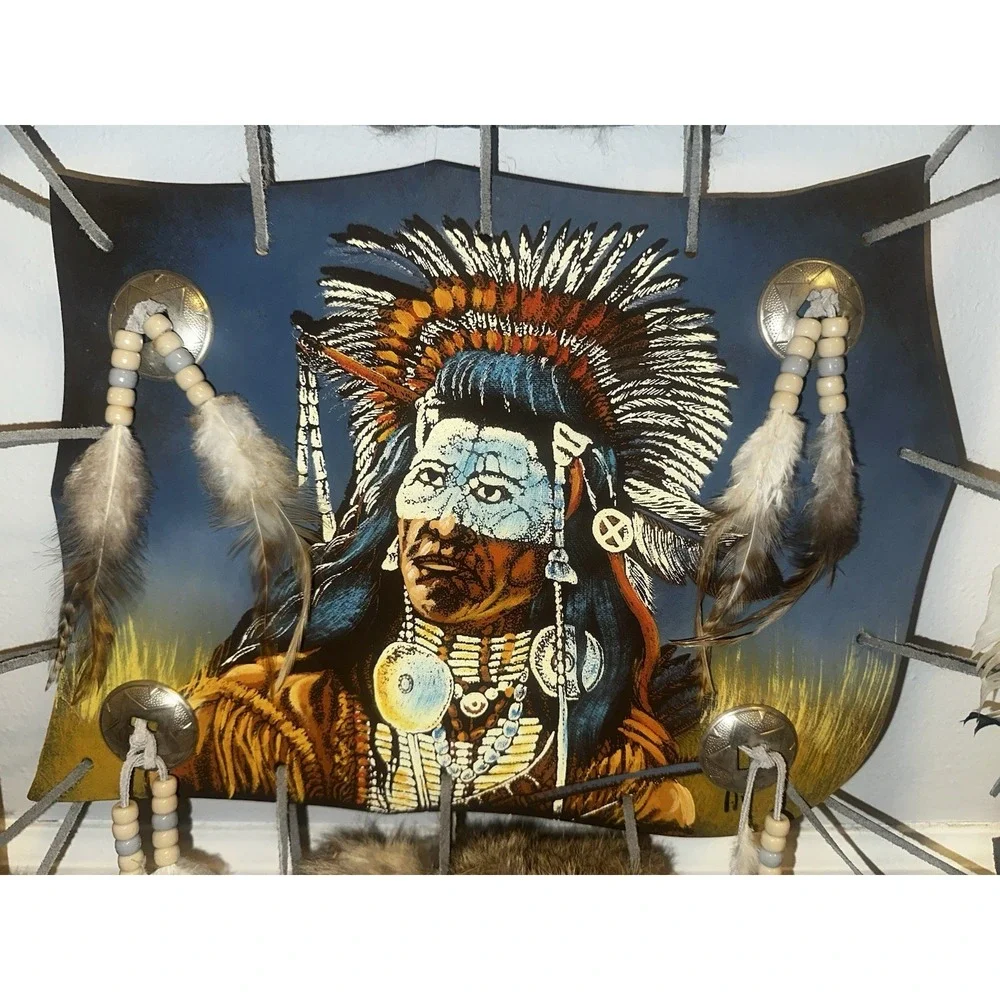 Native American Mandella Shield Hand Painted Saddle Blanket On Leather Log Frame